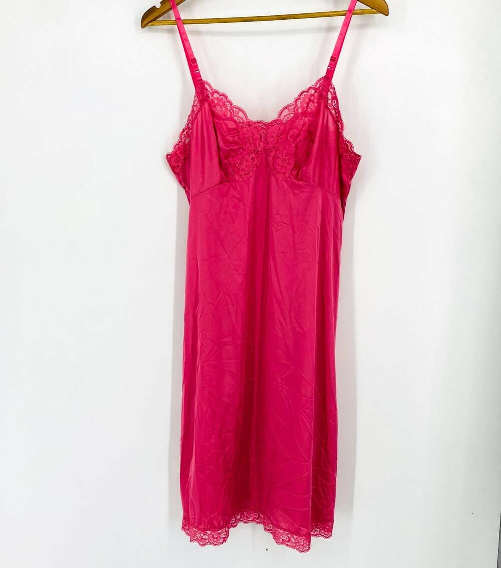 Vintage Vassarette Underneath-It-All Slip Dress 40F Dark Pink Lace Trim Made USA